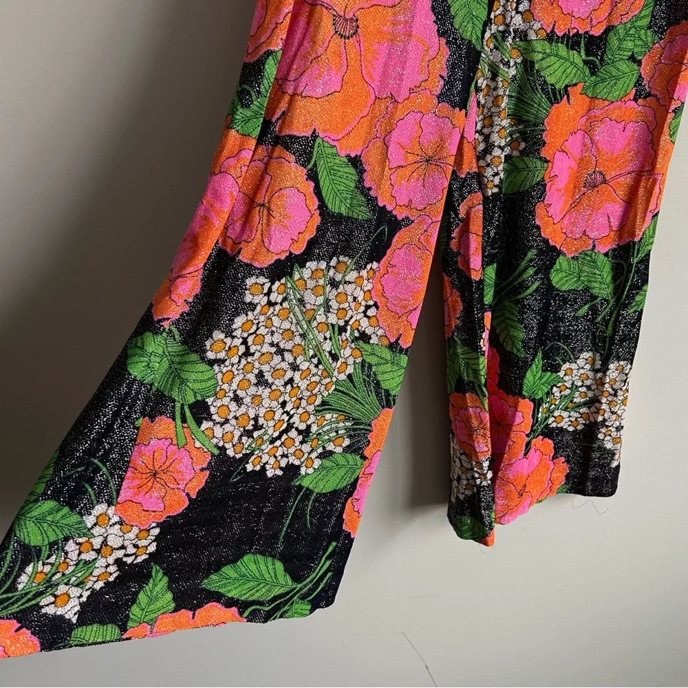 Vintage 70s Elaine Sklar Lingerie Co Metallic Floral Print 2 Piece Lounge Set M - Picture 7 of 11